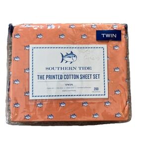 Southern Tide Printed Cotton Twin Sheet Set; Orange w/ Fish Pattern